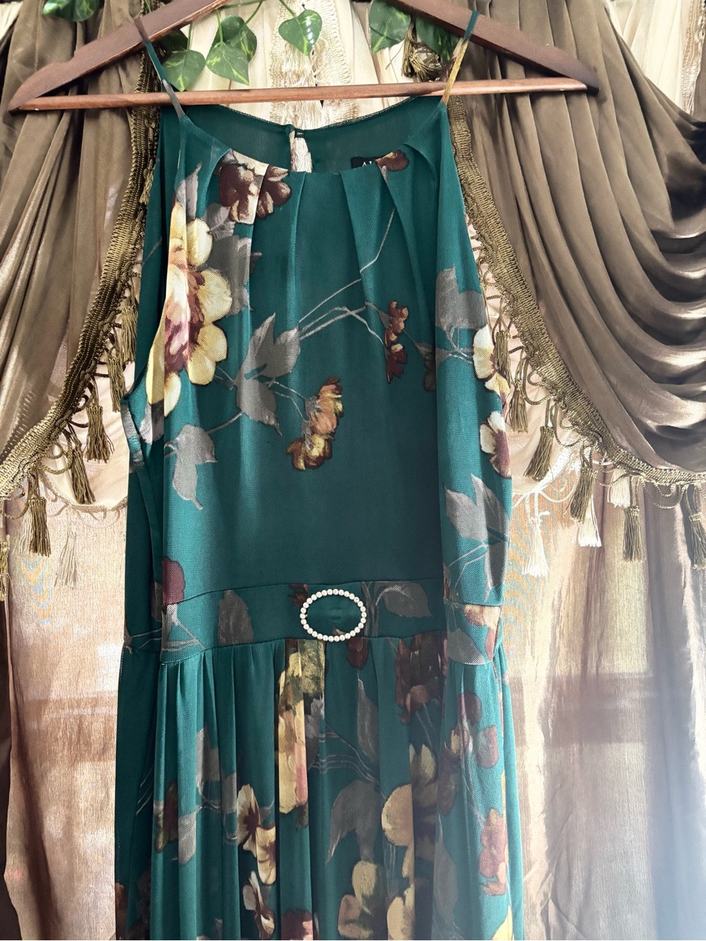 Alexa B Petite Floral Mesh Maxi Dress Green Gold Size 10P